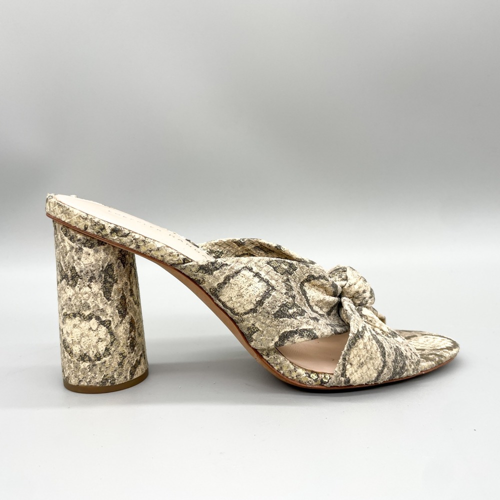Loeffler Randall Womens 8B Coco Knot Mules Snakeskin Tan Gold Block Heel Sandals